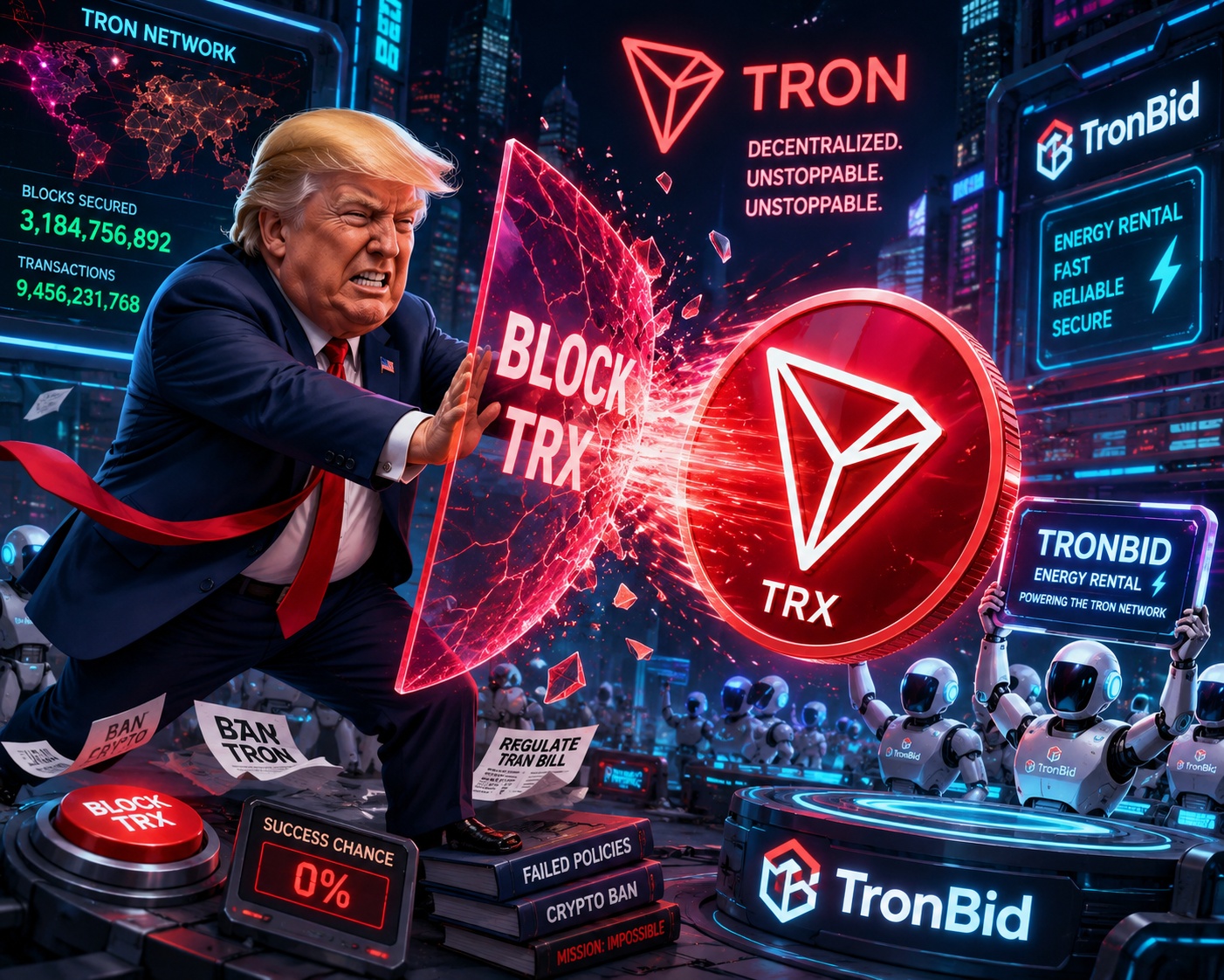 TRUMP attempting to block TRX Tron network while TronBid protects transactions from freezing