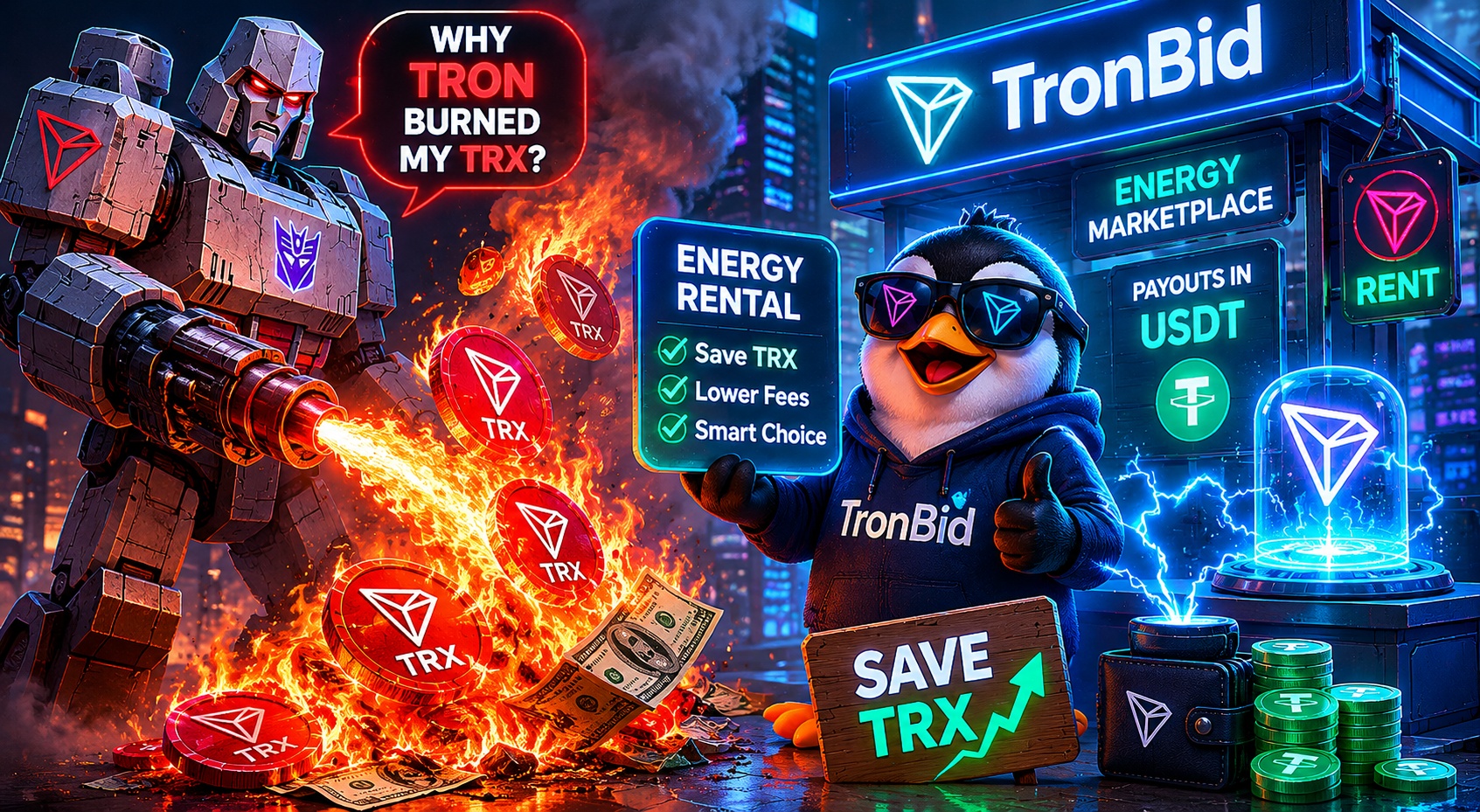 Mega Tron burns TRX while penguin saves energy through TRON rental